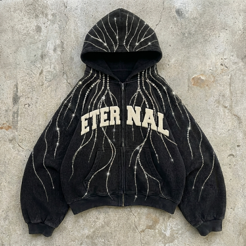 Eternal Flame - Rhinestone Black Zip Hoodie